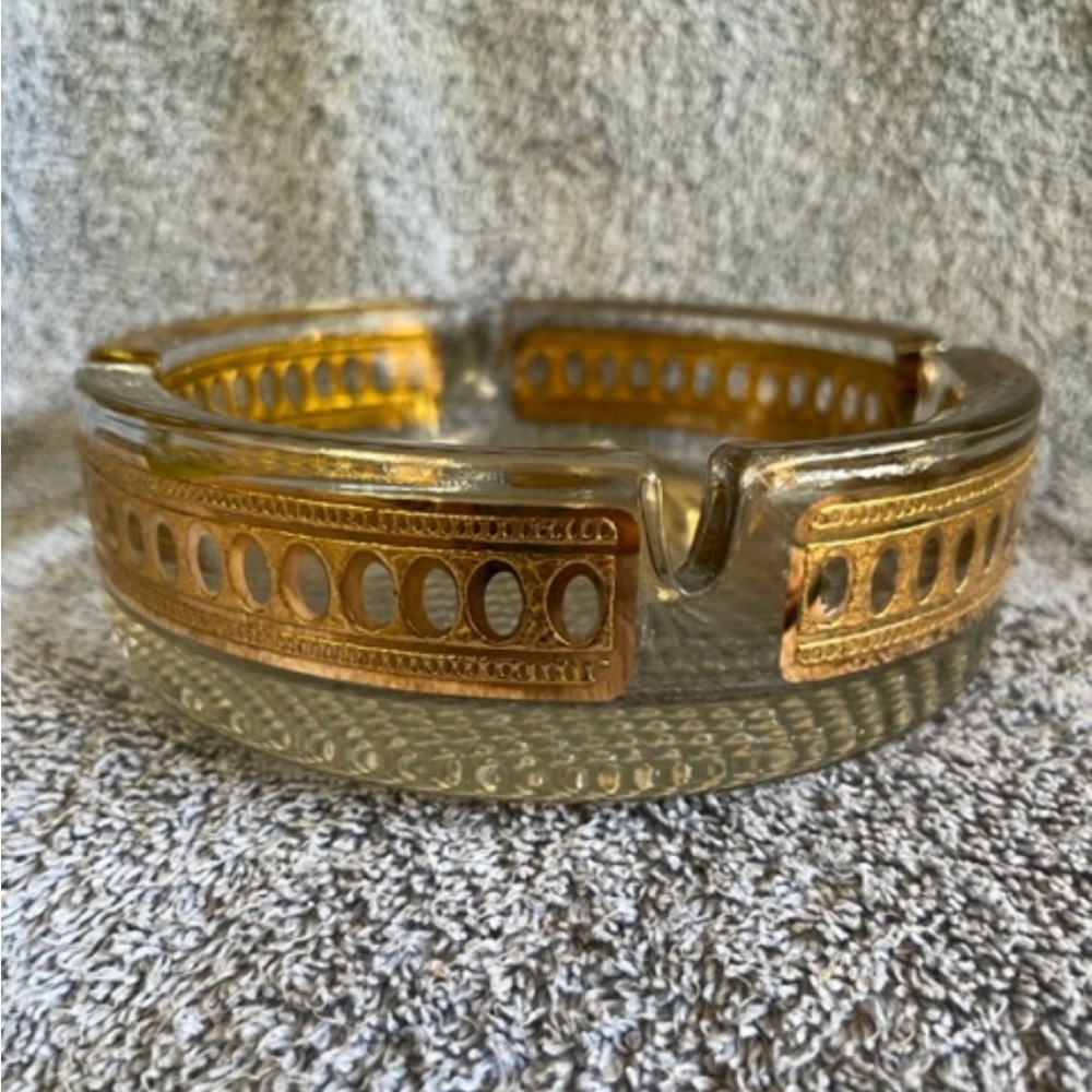 Vintage BOHEMIA Style GLASS Czech Ashtray Gold Inlay Cut Crystal 5”